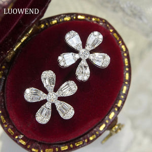 LUOWEND 18K White Gold Real Natural Diamond Stud Earrings for Women