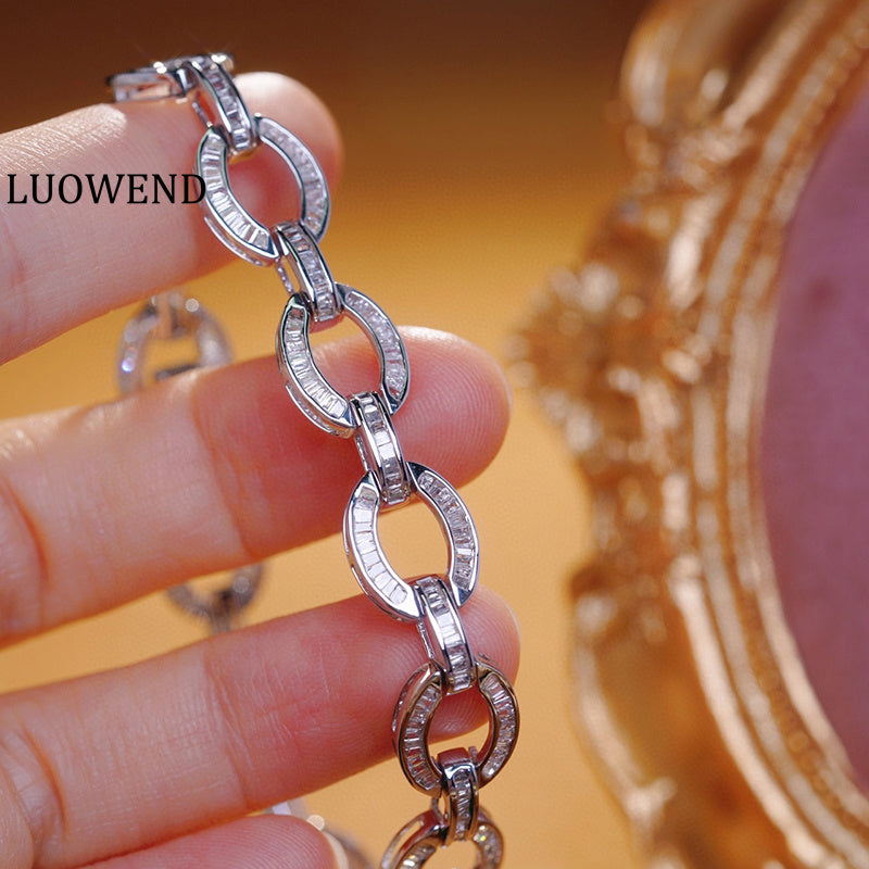 LUOWEND 18K White Gold Real Natural Diamond Bracelet for Women