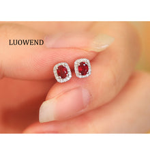 Load image into Gallery viewer, LUOWEND 18K White Gold Natural Ruby Earrings for Women
