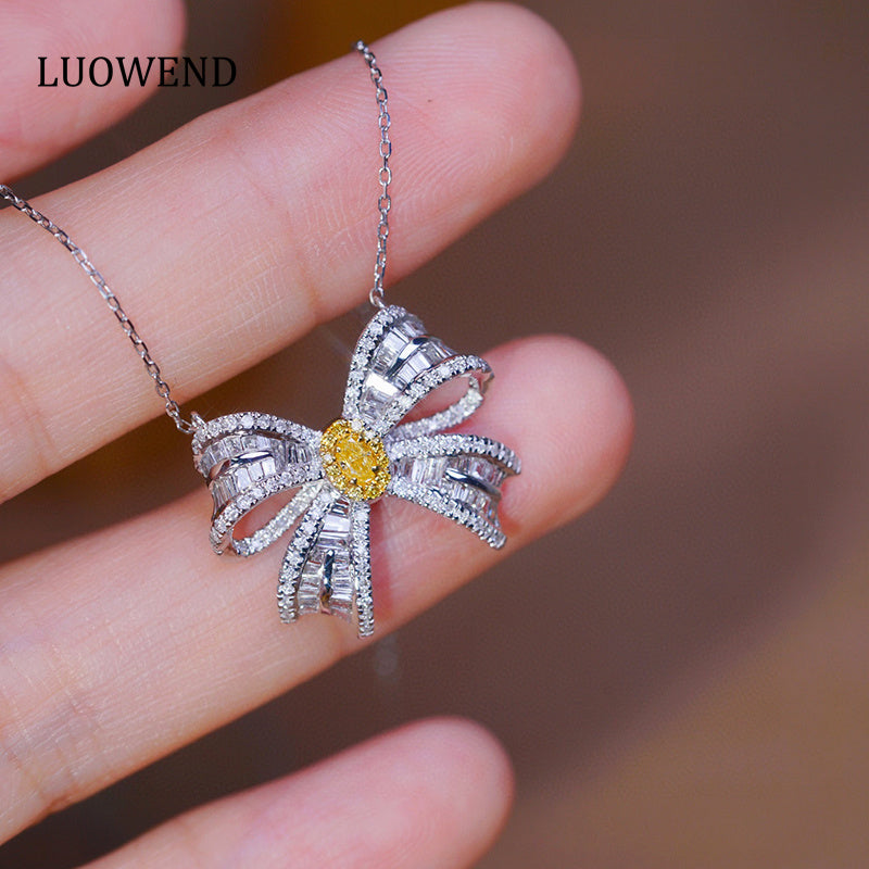 LUOWEND 18K White Gold Real Natural Yellow Diamond Pendant Necklace for Women
