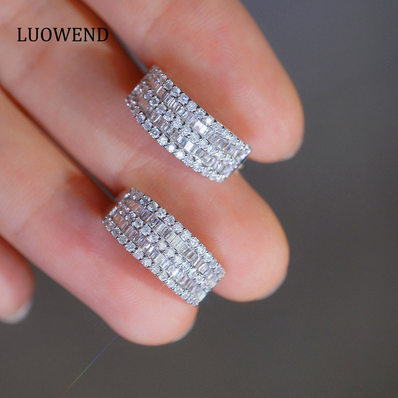 LUOWEND 18K White Gold Real Natural Diamond Hoop Earrings for Women