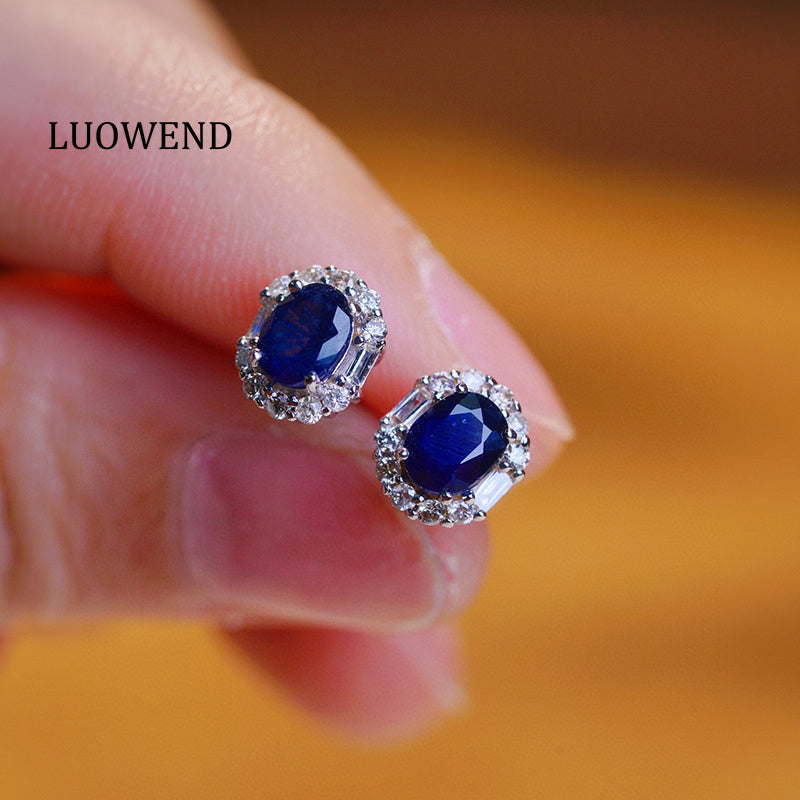 LUOWEND 18K White Gold Real Natural Diamond and Sapphire Earrings for Women