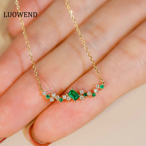 LUOWEND 18K Yellow Gold Real Natural Emerald and Diamond Gemstone Necklace for Women