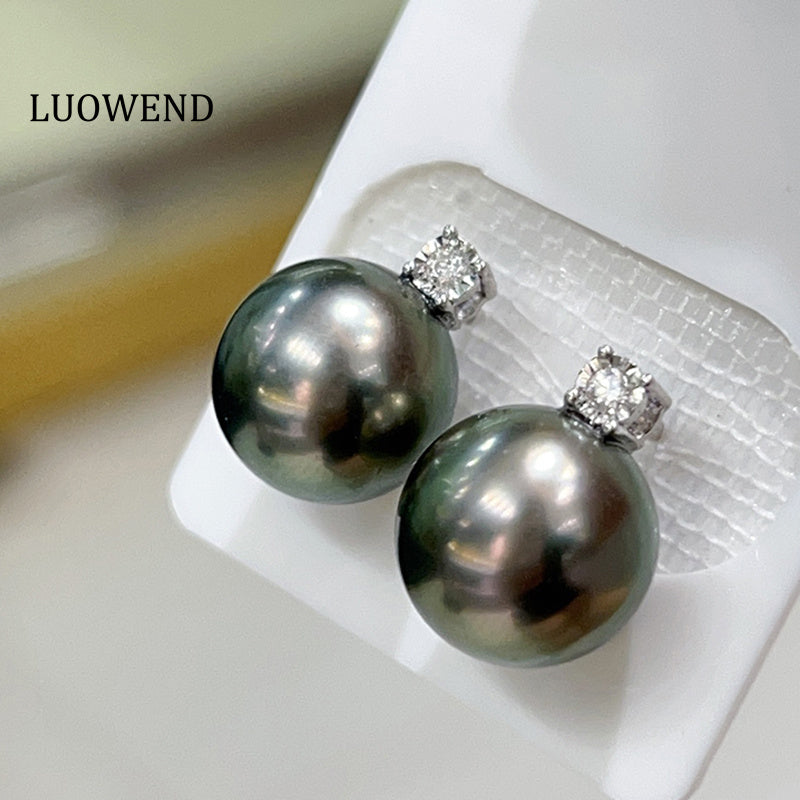 LUOWEND 18K White Gold Real Natural Tahiti Black Pearl Earrings for Women