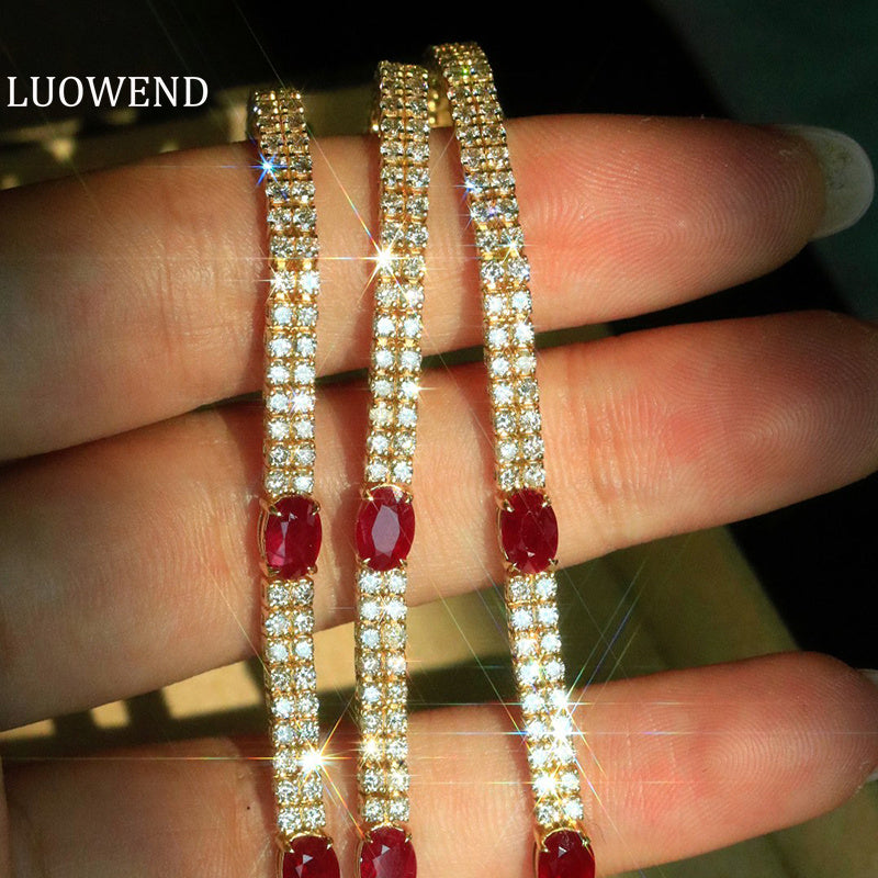 LUOWEND 18K Rose Gold Real Natural Diamond and Ruby Bracelet for Women