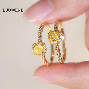 LUOWEND 18K Yellow Gold Real Natural Yellow Diamond Ring for Women