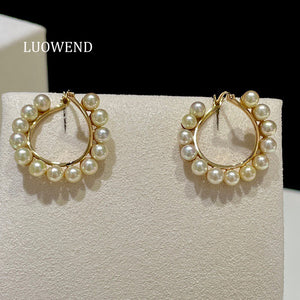 LUOWEND 18K Yellow Gold Real Natural Akoya Pearl Earrings for Women