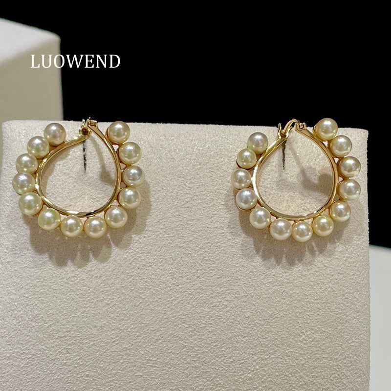 LUOWEND 18K Yellow Gold Real Natural Akoya Pearl Earrings for Women