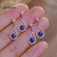 Load image into Gallery viewer, LUOWEND 18K White Gold Real Natural Diamond Natural Sapphire Earrings for Women
