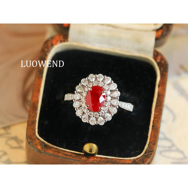 LUOWEND 18K White Gold Natural Ruby Ring for Women