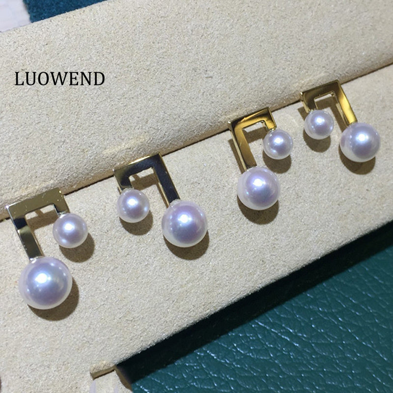 LUOWEND 18K Yellow Gold Real Natural Akoya Pearl Earrings for Women