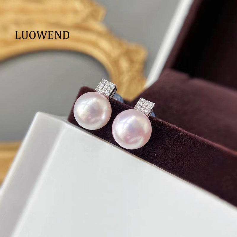 LUOWEND 18K White Gold Real Natural Sea Pearl Earrings for Women
