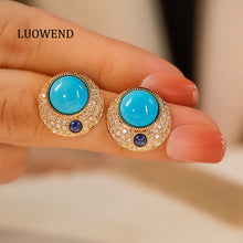 Load image into Gallery viewer, LUOWEND 18K Yellow Gold Real Natural Turquoise Earrings for Women
