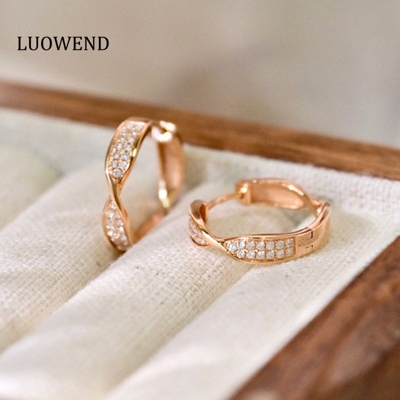 LUOWEND 18K Rose Gold Real Natural Diamond Hoop Earring for Women