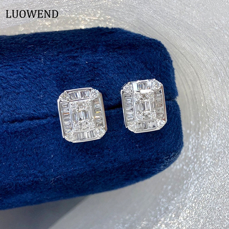 LUOWEND 18K White Gold Real Natural Diamond Stud Earrings for Women