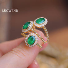 Load image into Gallery viewer, LUOWEND 18K Yellow Gold Real Natural Diamond and Emerald Ring for Women
