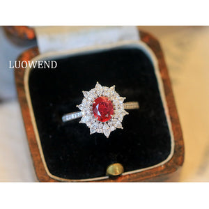 LUOWEND 18K White Gold Natural Ruby Ring for Women