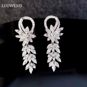 LUOWEND 18K White Gold Real Natural Diamond Drop Earrings for Women