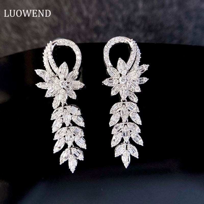 LUOWEND 18K White Gold Real Natural Diamond Drop Earrings for Women