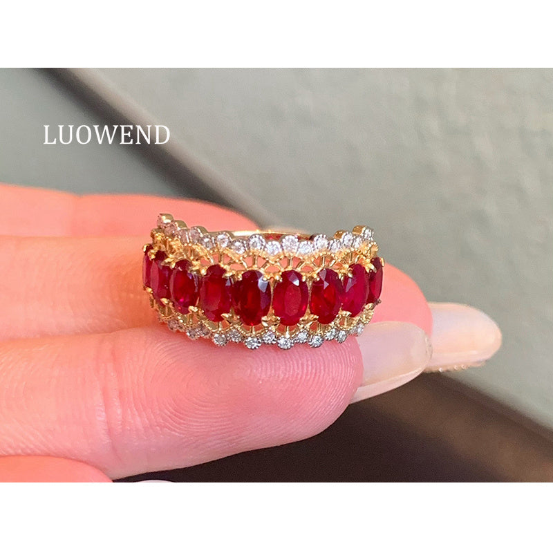 LUOWEND 18K White+Yellow Gold Natural Ruby Ring for Women