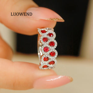 LUOWEND 18K White Gold Real Natural Ruby Ring for Women