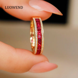 LUOWEND 18K Yellow Gold Real Natural Ruby Ring for Women