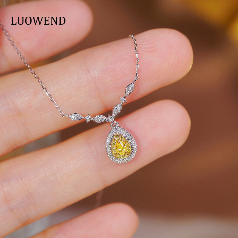 LUOWEND 18K White Gold Real Natural Yellow Diamond Pendant Necklace for Women