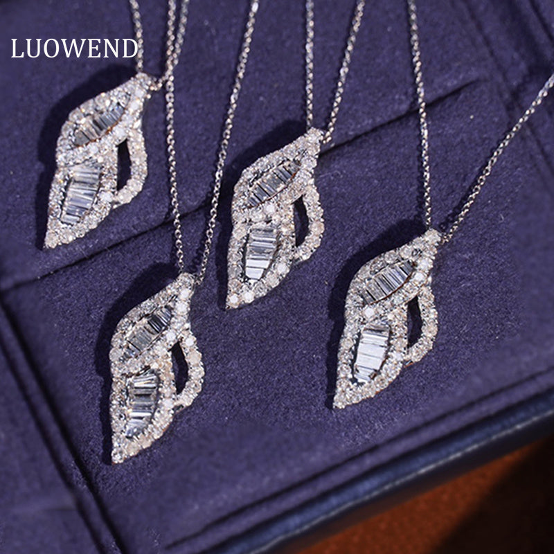 LUOWEND 18K White Gold Real Natural Diamond Pendant Necklace for Women