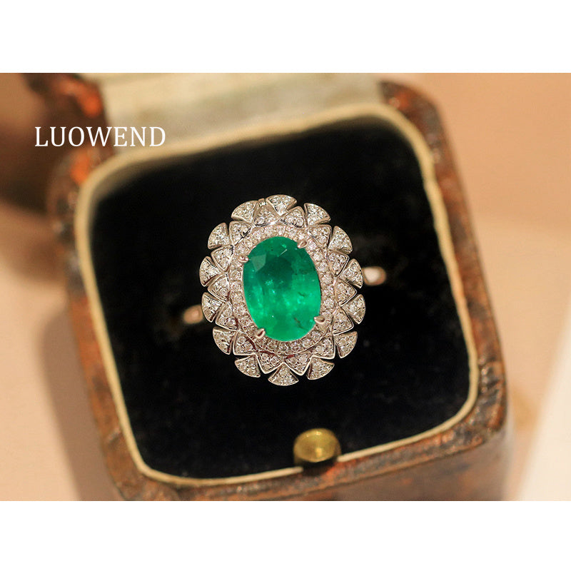 LUOWEND 18K White Gold Natural Emerald Ring for Women
