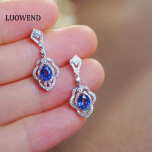 Load image into Gallery viewer, LUOWEND 18K White Gold Real Natural Diamond Natural Sapphire Earrings for Women
