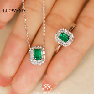 LUOWEND 18K White and Yellow Gold Real Natural Diamond&Emerald Necklace and Ring for Women