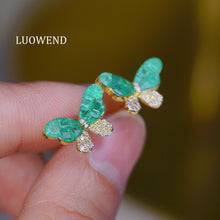 Load image into Gallery viewer, LUOWEND 18K Yellow Gold Real Natural Diamond and Emerald Earrings for Women
