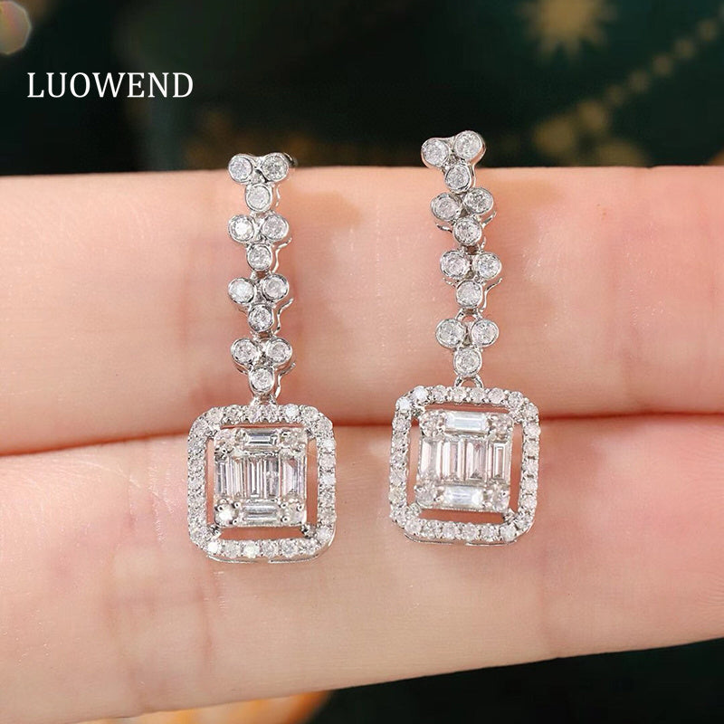 LUOWEND 18K White Gold Natural Diamond Earrings for Women