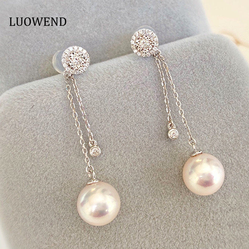 LUOWEND 18K White Gold Real Natural Diamond and Akoya Pearl Earrings for Women