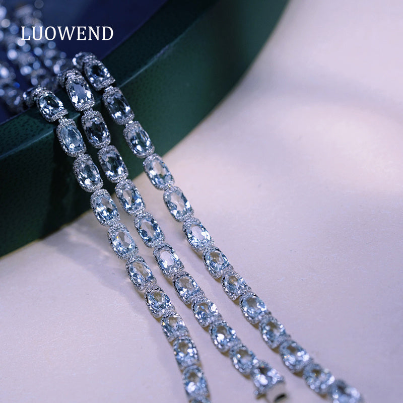 LUOWEND 18K White Gold Real Natural Aquamarine Bracelet for Women