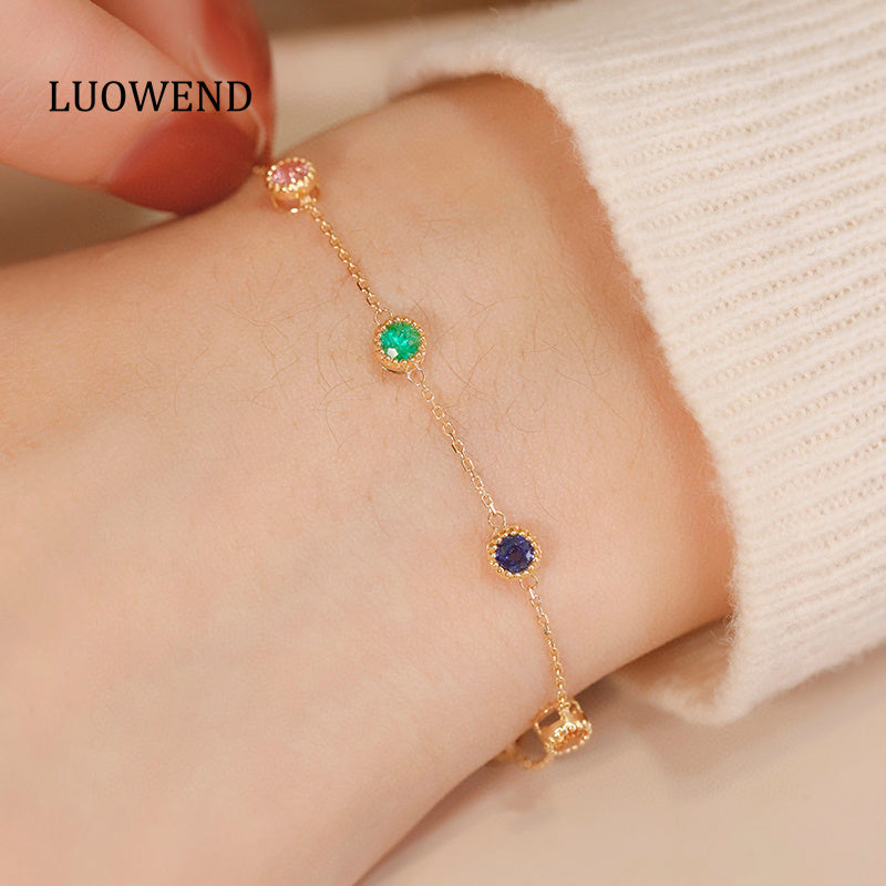 LUOWEND 18K Yellow Gold Real Natural Gemstone Bracelet for Women
