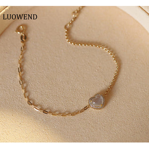 LUOWEND 18K Yellow Gold Real Natural Jadeite Bracelet and Anklet Chain  for Women