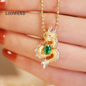LUOWEND 18K White and Yellow Gold Real Natural Emerald Necklace for Women