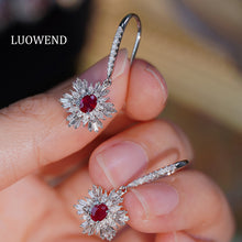 Load image into Gallery viewer, LUOWEND 18K White Gold Real Natural Diamond Natural Ruby Earrings for Women
