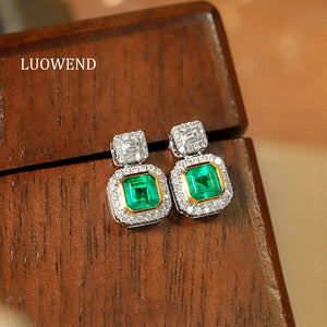LUOWEND 18K White and Yellow Gold Real Natural Emerald Earrings for Women
