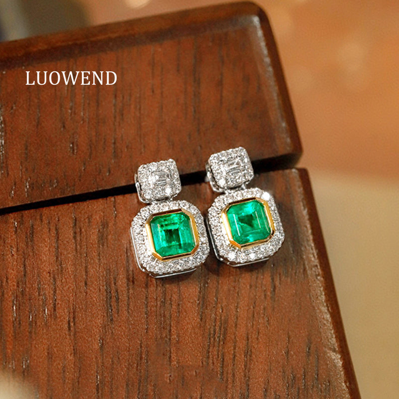 LUOWEND 18K White and Yellow Gold Real Natural Emerald Earrings for Women