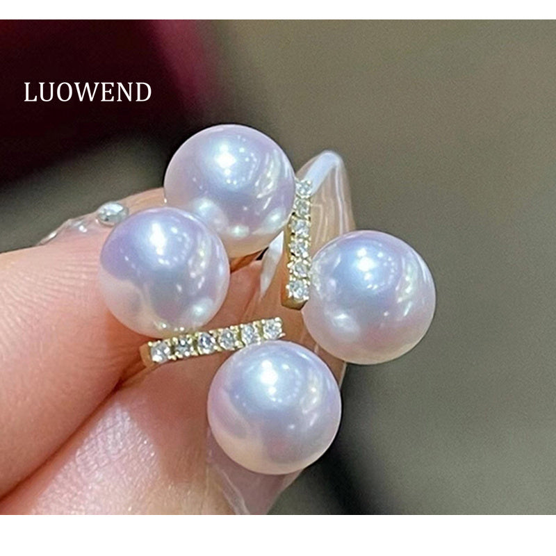 LUOWEND 18K Yellow Gold Real Natural Diamond and Akoya Pearl Earrings for Women
