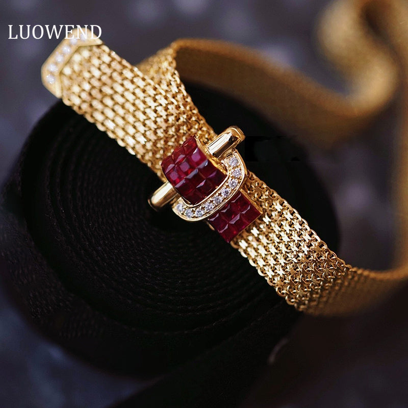 LUOWEND 18K Yellow Gold Real Natural Ruby Bracelet for Women
