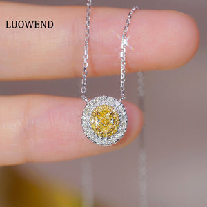 LUOWEND 18K White Gold Real Natural Yellow Diamond Pendant Necklace for Women