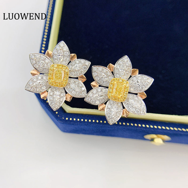 LUOWEND 18K White Gold Real Natural Yellow Diamond Stud Earrings for Women