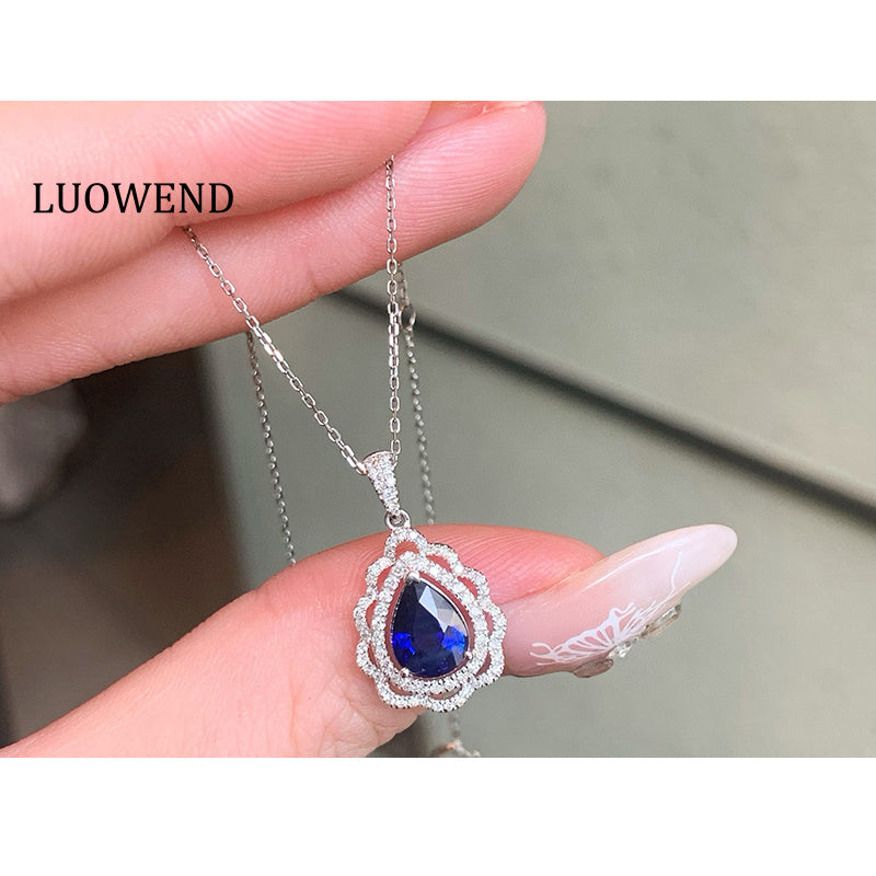 LUOWEND 18K White Gold Natural Sapphire Necklace for Women