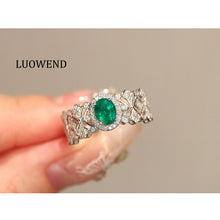 Load image into Gallery viewer, LUOWEND 18K White Gold Natural Emerald Ring for Women
