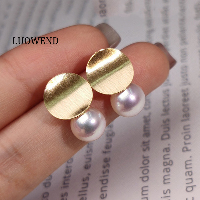 LUOWEND 18K Yellow Gold Akoya Pearl Earrings for Women