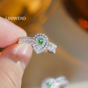 LUOWEND 18K White Gold Natural Green Diamond Ring for Women