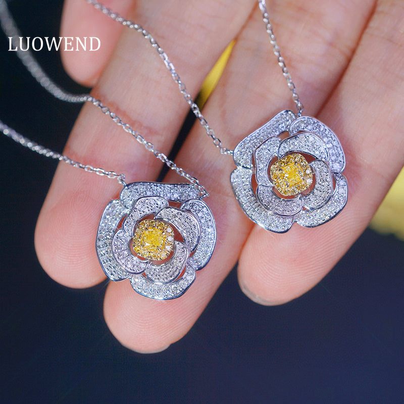 LUOWEND 18K White Gold Real Natural Yellow Diamond Pendant Necklace for Women